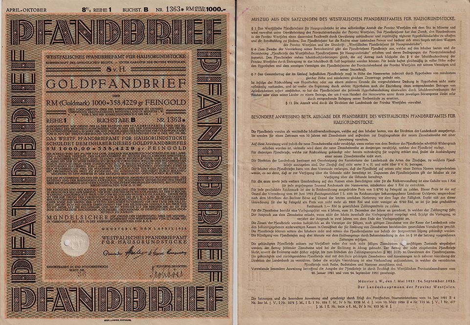 Германия, Вестфальское бюро залога жилой недвижимости, 1928 год, 1000 золотых марок