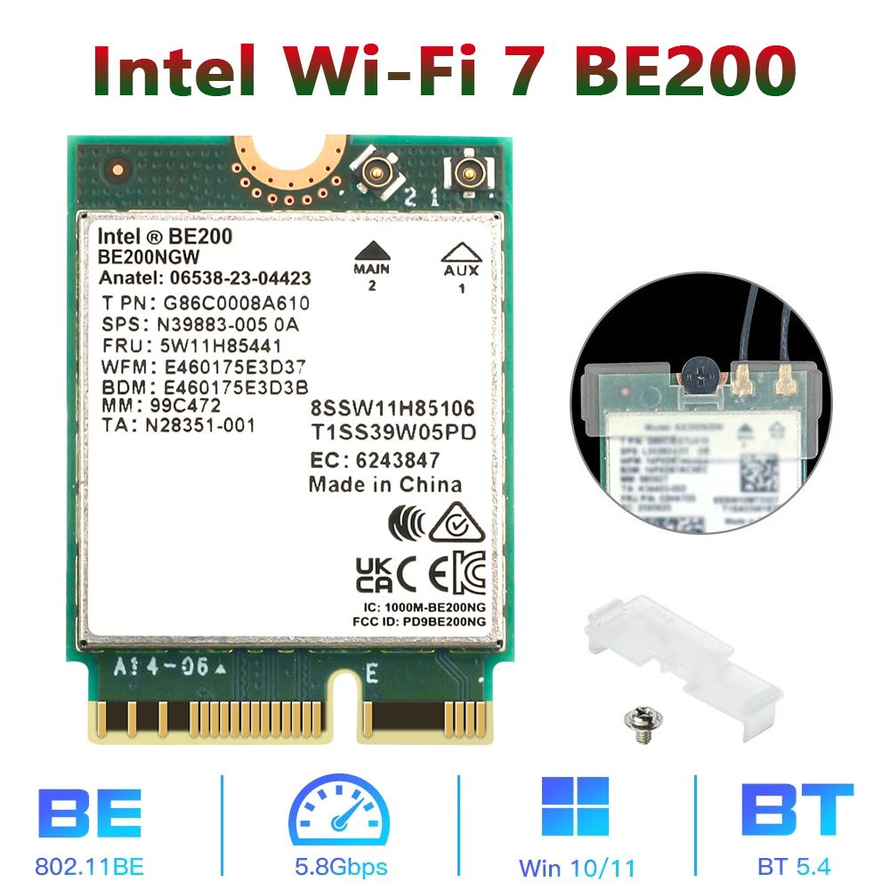 IntelСетеваякартаWiFi7АдаптерIntelBE2005.8Гбит/сBluetooth5.4802.11AM.2КлючEдляWin10/11НоутбукКомпьютерБеспроводнаясетеваякарта