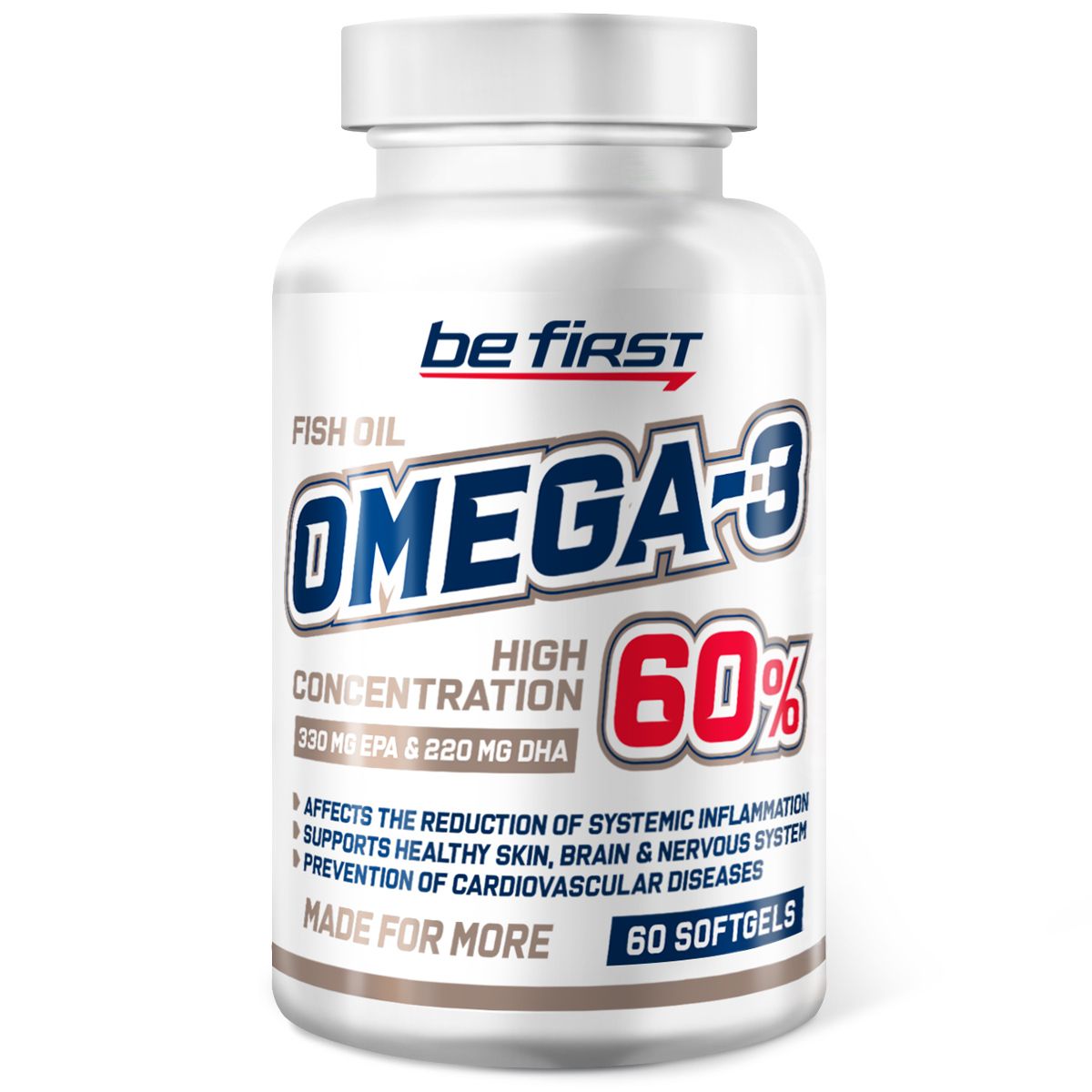 Омега 3 рыбный жир для взрослых с концентрацией 60 % Be First Fish Oil Omega 3 60% High Concentration, 60 капсул (рыбий жир в капсулах для взрослых)