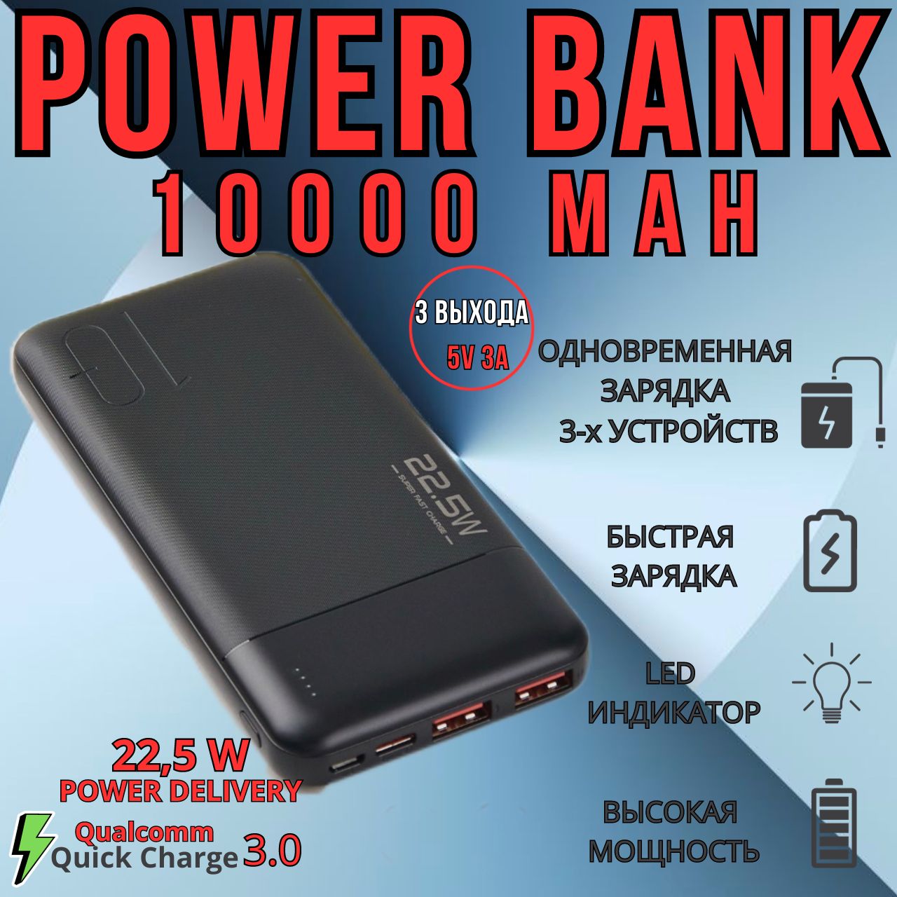 Повербанк 10000mah с быстрой зарядкой Power Bank