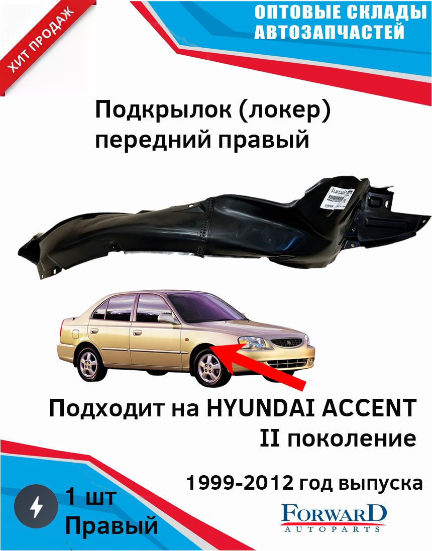 Подкрылок крыла Хендэ (Хендай, Хундай) Акцент передний правый с 2000 г.  HYUNDAI Accent купить по низкой цене в интернет-магазине OZON (796348050)