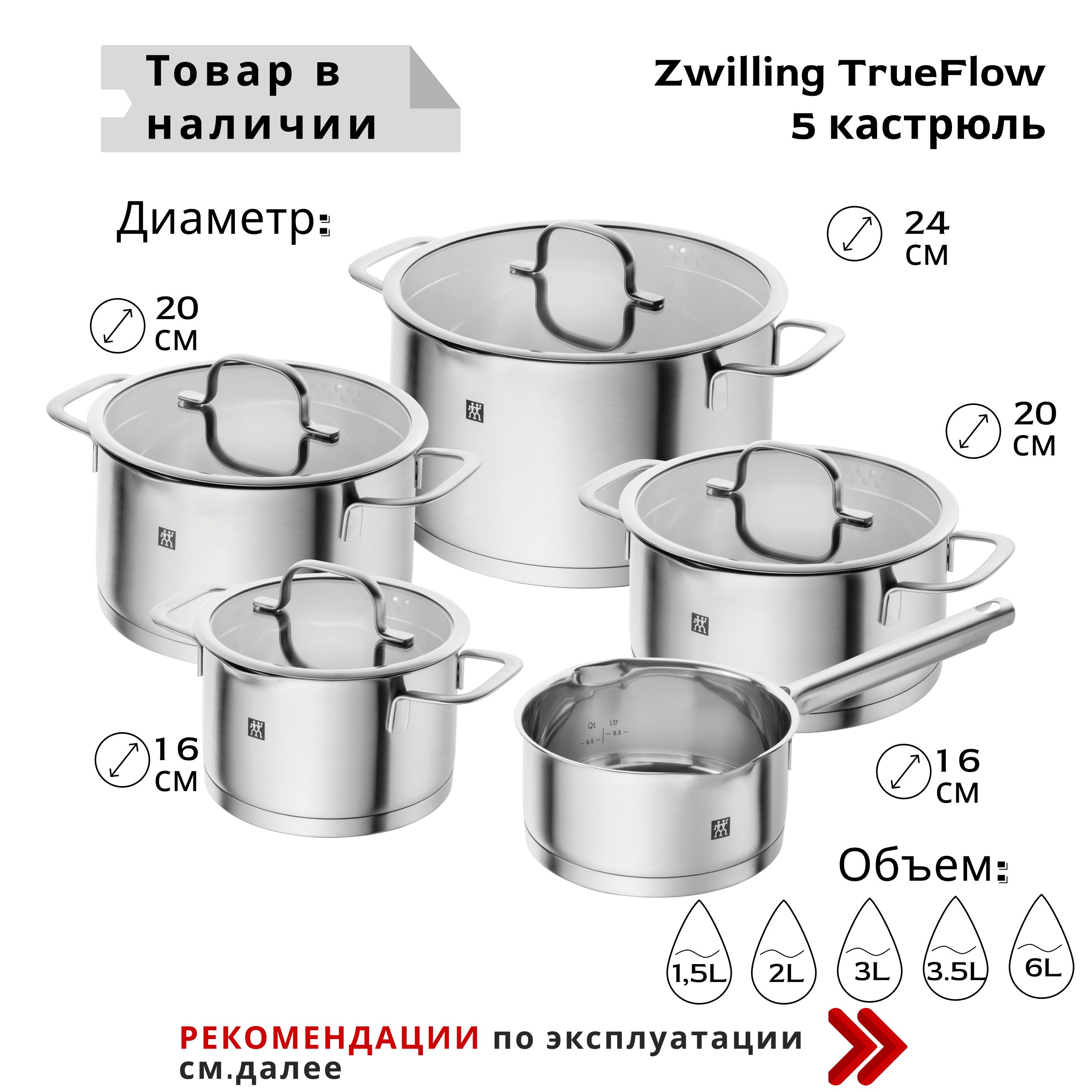 Набор кастрюль из нержавеющей стали Zwilling TrueFlow - 5 пердметов, для всех видов плит с крышками купить на OZON по низкой цене (865336064)