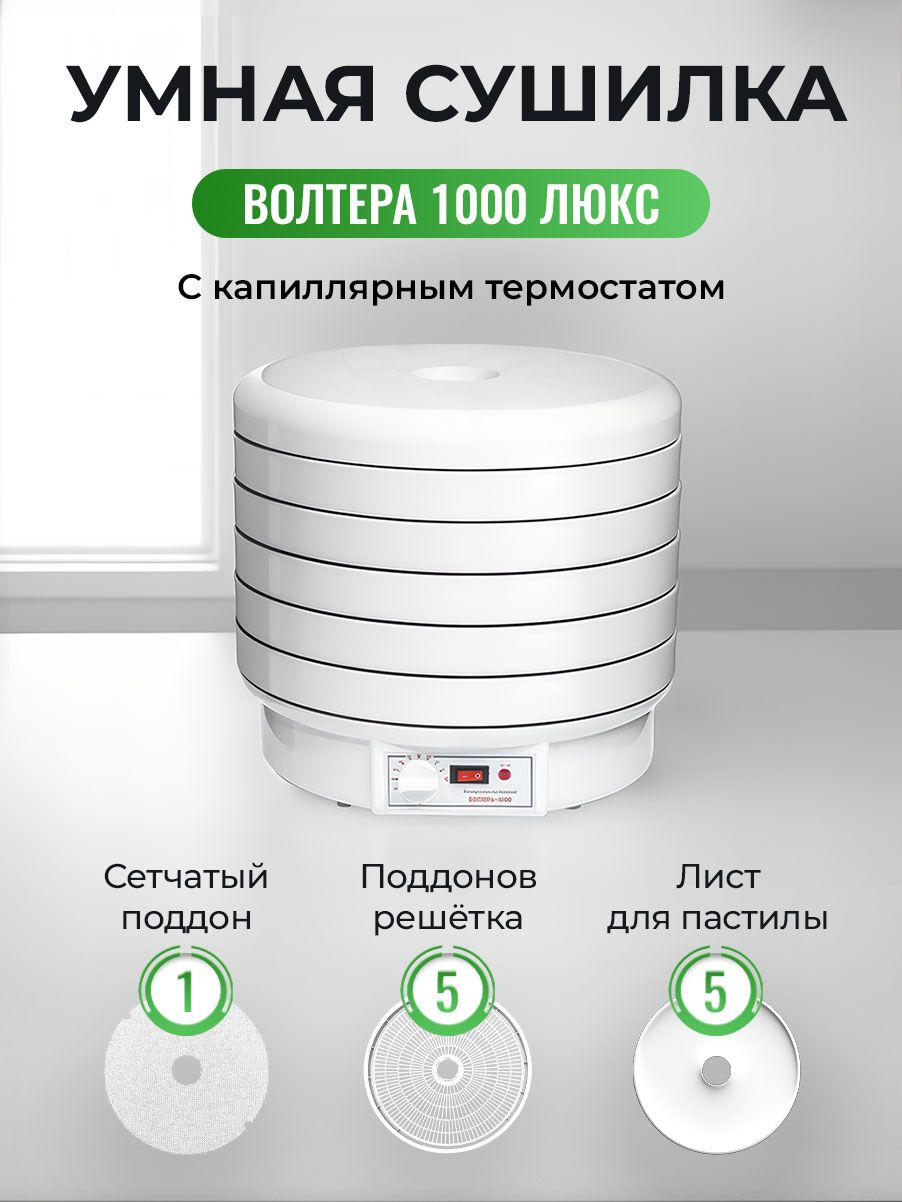 СушилкаВолТера1000Люксскапиллярнымтермостатом(5поддонов,1сеткаи5листовдляпастилы)