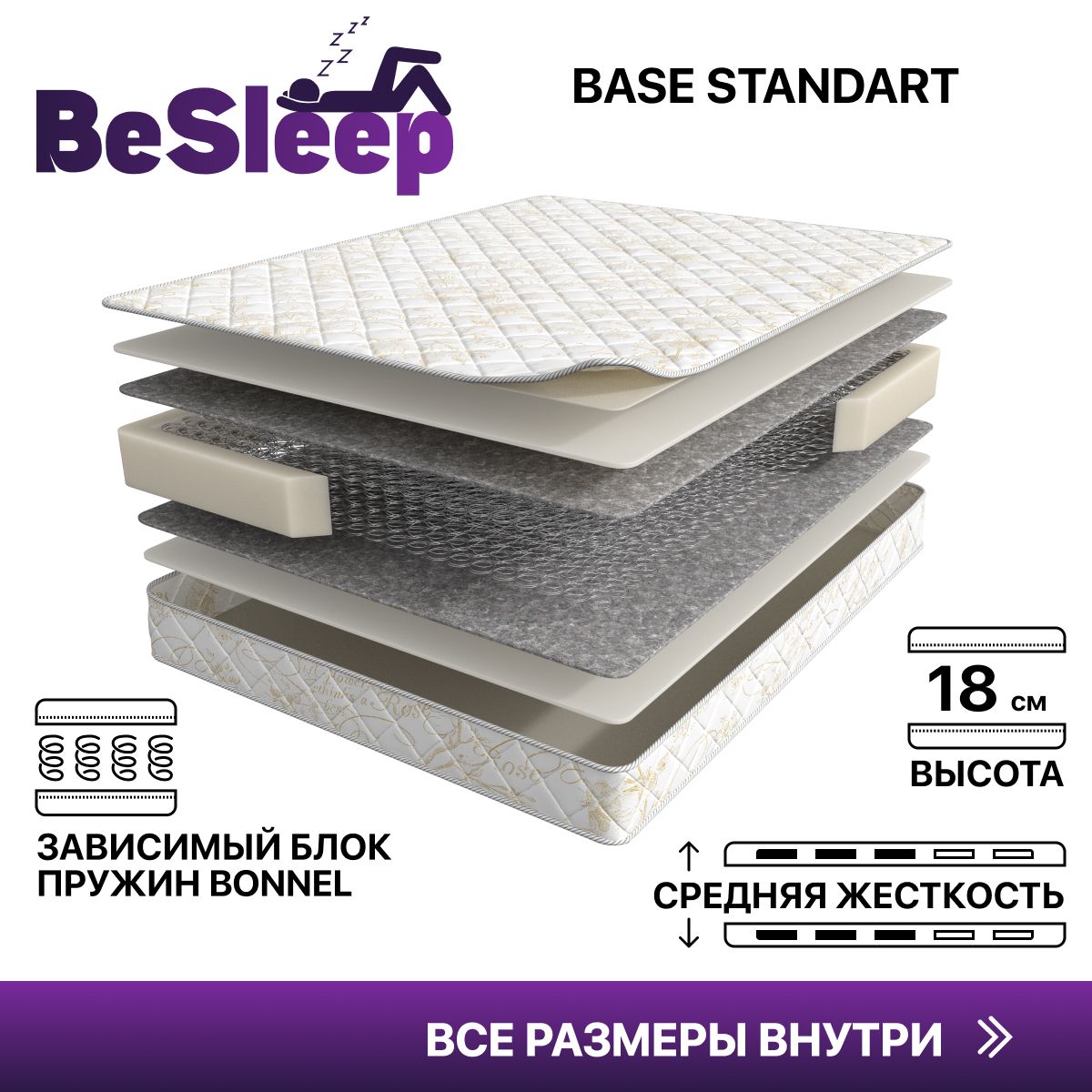 МатрасBeSleepBaseStandart,Зависимыепружины,90х200см