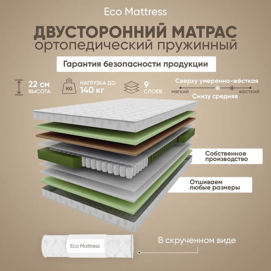 Eco Mattress Матрас Ортопедический матрас Eco Mattress MSk 145x185, независимые пружины, с кокосом, средней #1