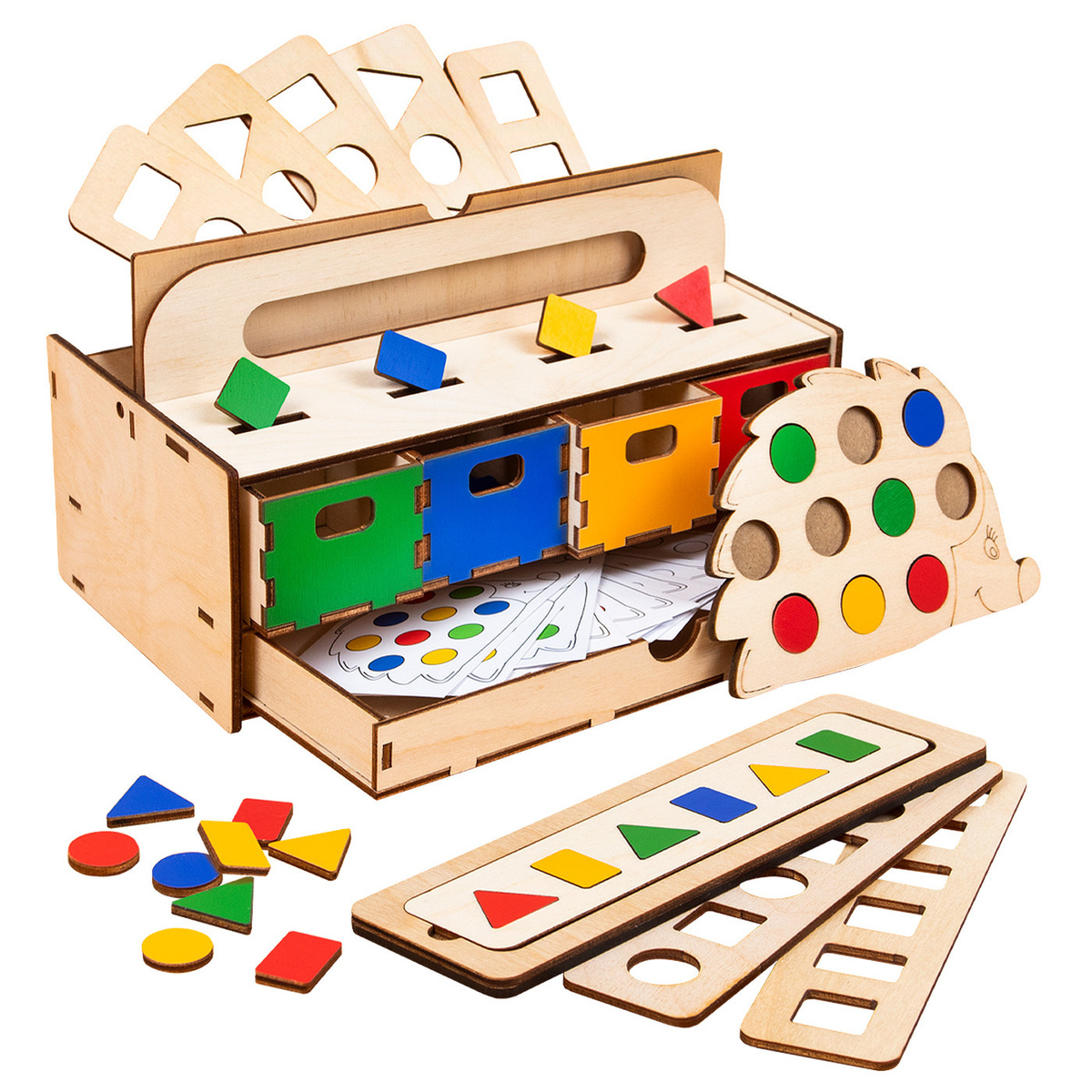 Сортер для малышей Умный сундучок геометрические фигуры, деревянные развивающие игрушки от 1 года Радуга #1