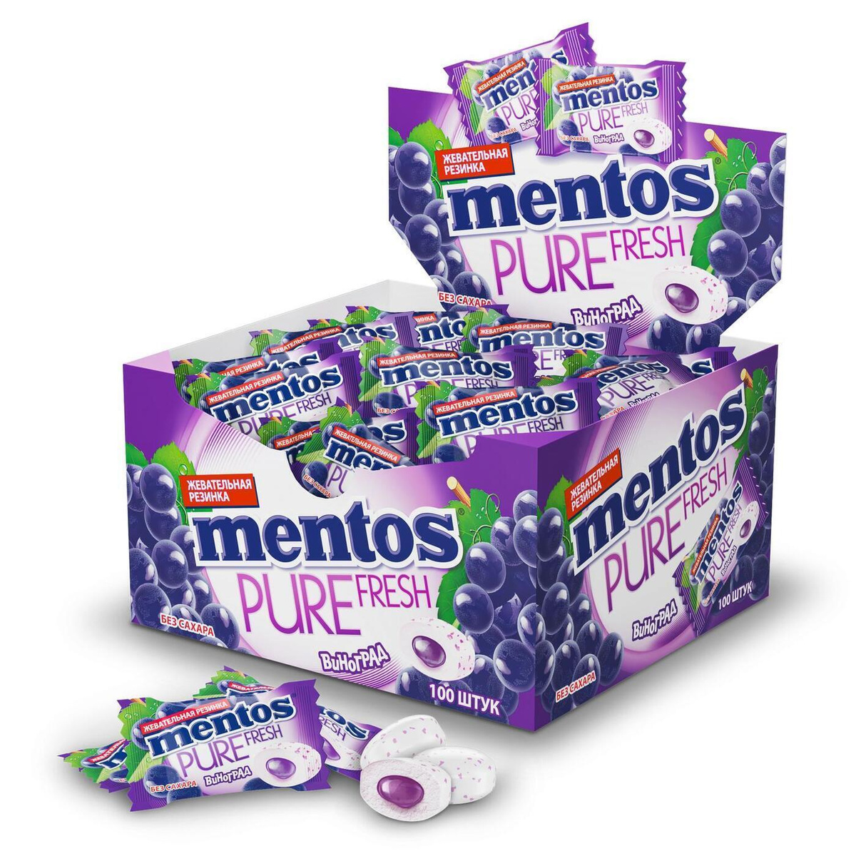 Жевательная резинка Mentos Pure Fruit Виноград, 100 шт по 2 г — купить ...