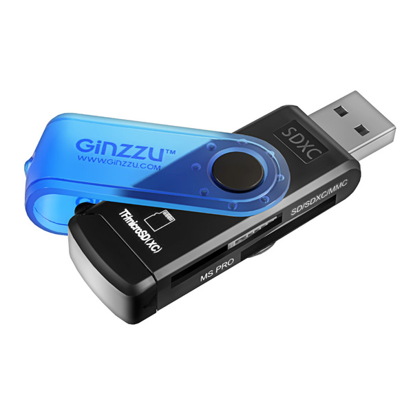 Картридер USB 2.0 Ginzzu GR-412B, 3 слота для карт памяти microSDXC ...