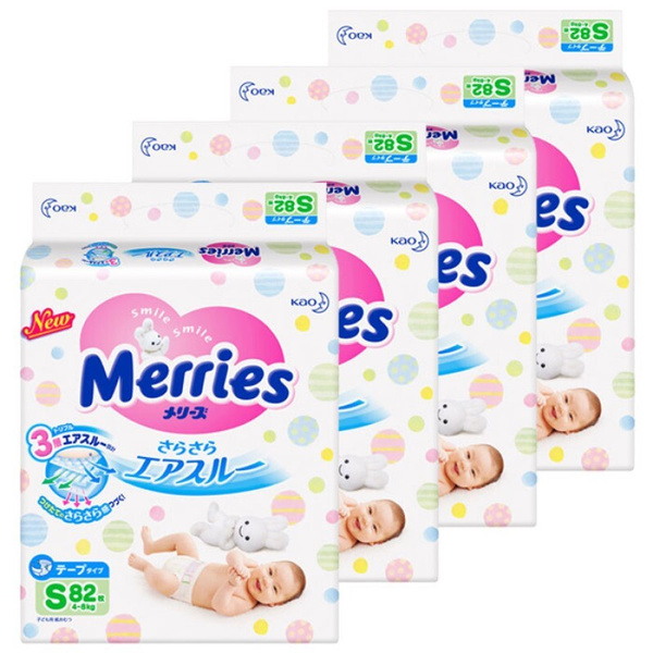 Merries подгузники размер S (4-8 кг) 82 шт 4 уп - купить с доставкой по ...