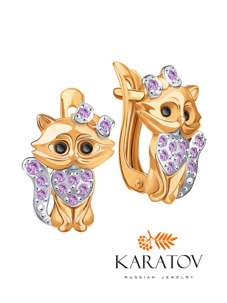 Серьги детские, KARATOV, серьги "Кошки", детские серьги с фианитами из ...