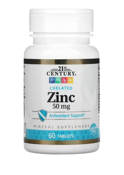21st Century Chelated Zinc, цинк хелат / цитрат 50 мг, 60 таблеток ...