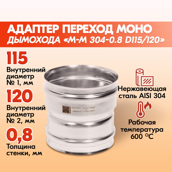 Адаптер переход дымохода Моно М-М 304-0.8 D115/120, переходник для ...