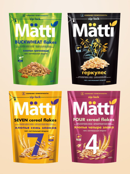 Набор Matti Хлопья (7 злаков, 4 злака, Овсяные Геркулес из цельного ...