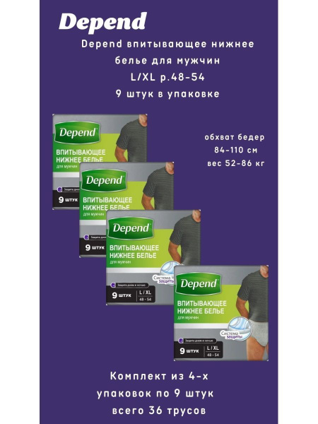 Depend трусы одноразовые нижнее белье мужчины р.L/XL 9шт/уп купить на ...