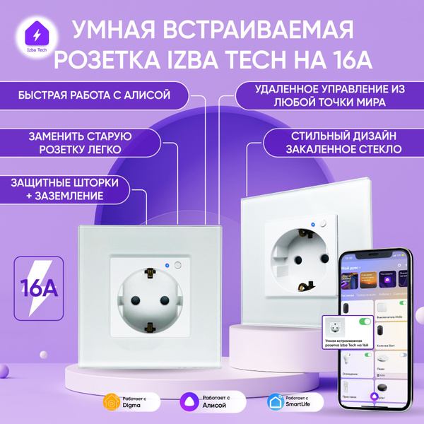 Умная встраиваемая стеклянная белая розетка с голосовым управлением для ...