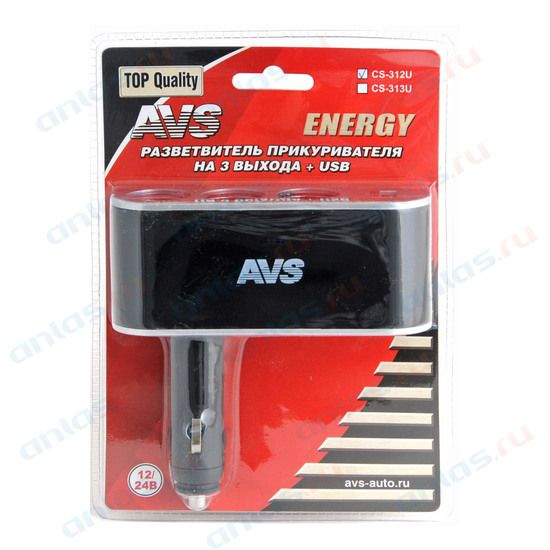 Разветвитель розетки для прикуривателя AVS на 3 выхода+USB CS312U