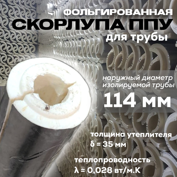 Утеплитель для труб, фольгированный, скорлупа ППУ, для трубы с внешним ...