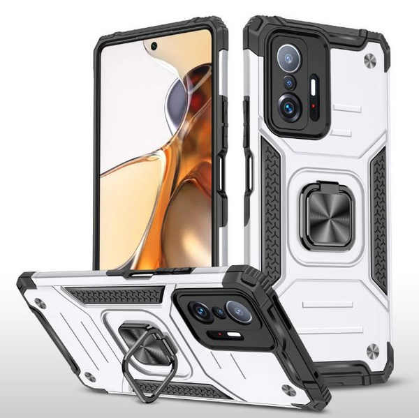 Противоударный чехол для Xiaomi 11T, 11T Pro серебро с пластиной для ...