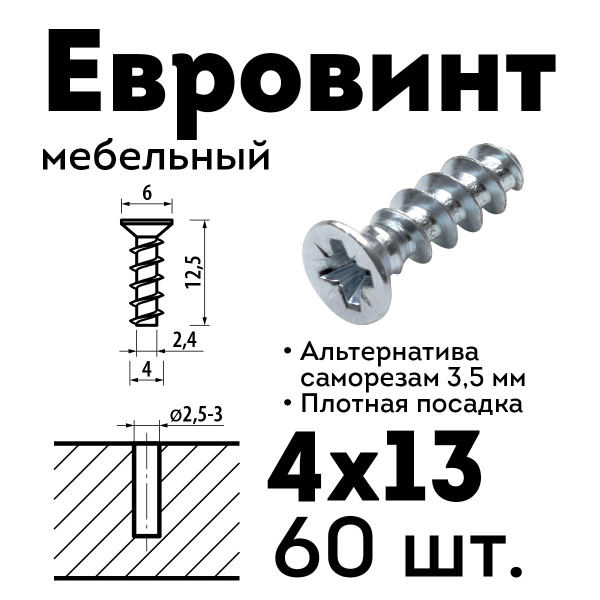 Евровинт с потайной головкой размеры