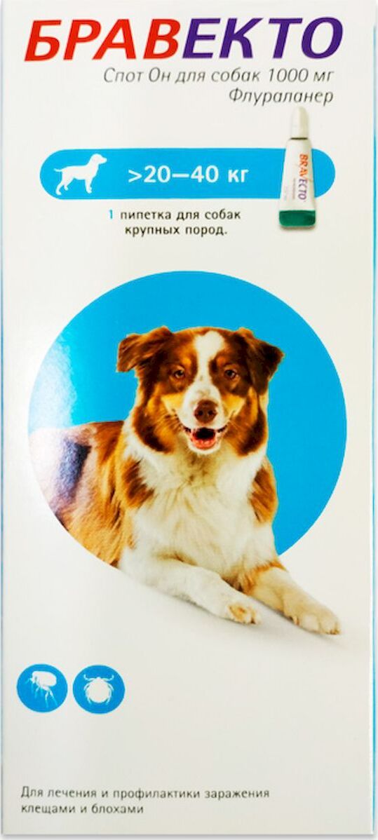 фото Капли Intervet Бравекто Спот-он от блох и клещей для собак 20 - 40 кг 1000 мг