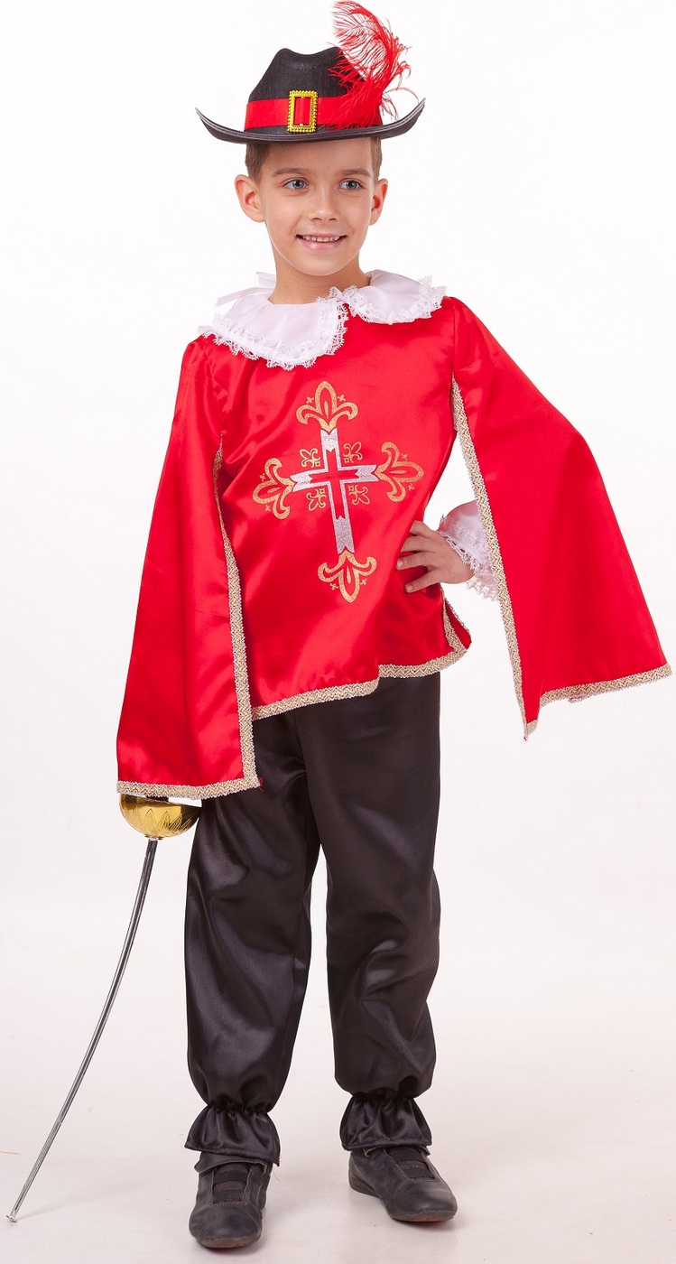 фото Карнавальный костюм Мушкетер красный рубашка с плащом, брюки, шляпа,шпага размер 122-64 Пуговка