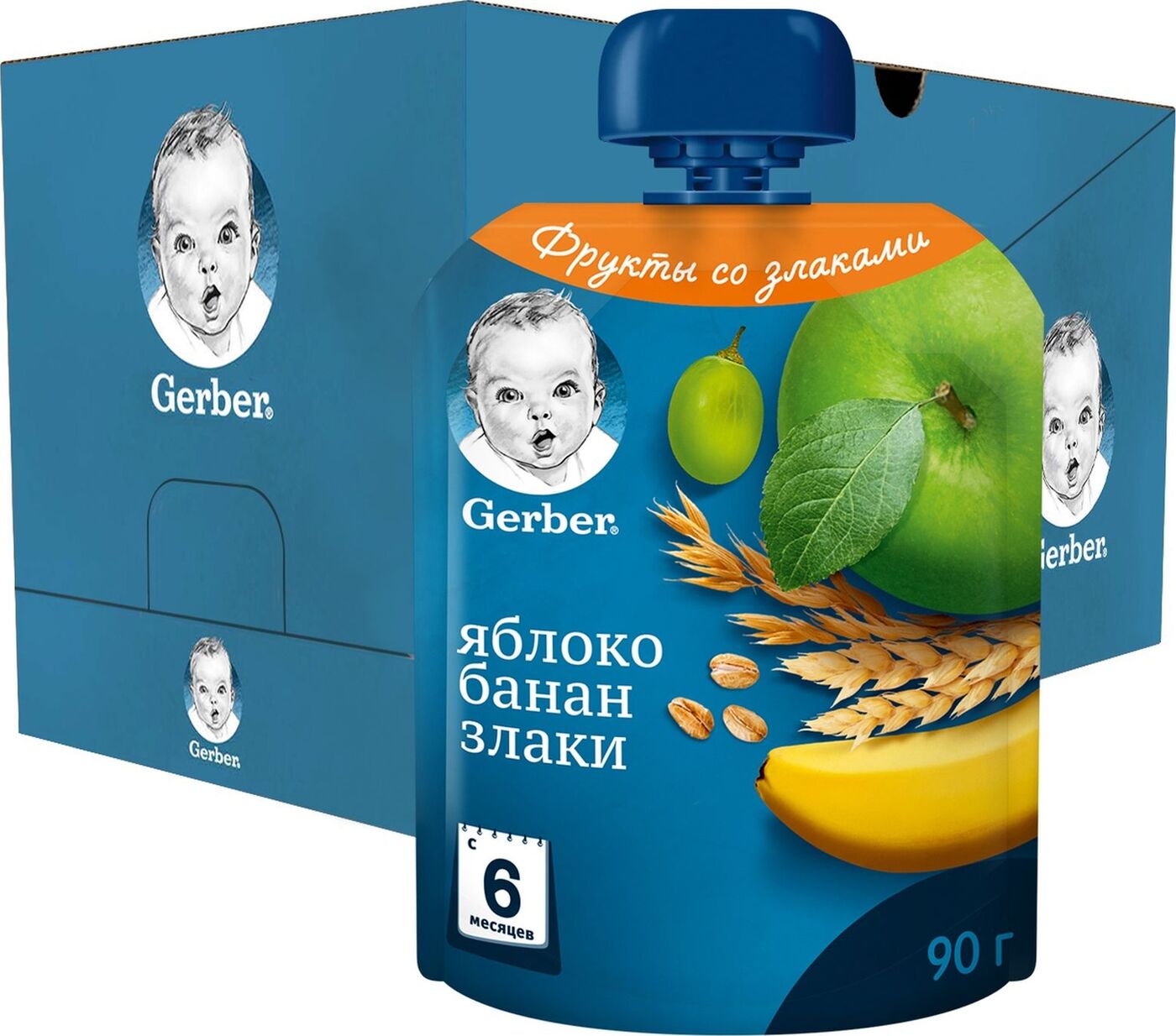 <b>Gerber</b> (Гербер) Фруктовое <b>пюре</b> со злаками Яблоко, Банан, злаки 90 г