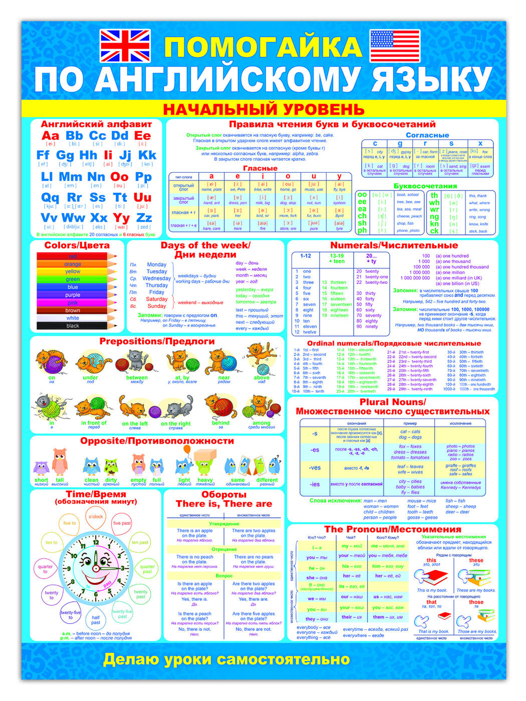 Обучающий плакат "Помогайка по английскому языку", А2, 44х60 см, Картон