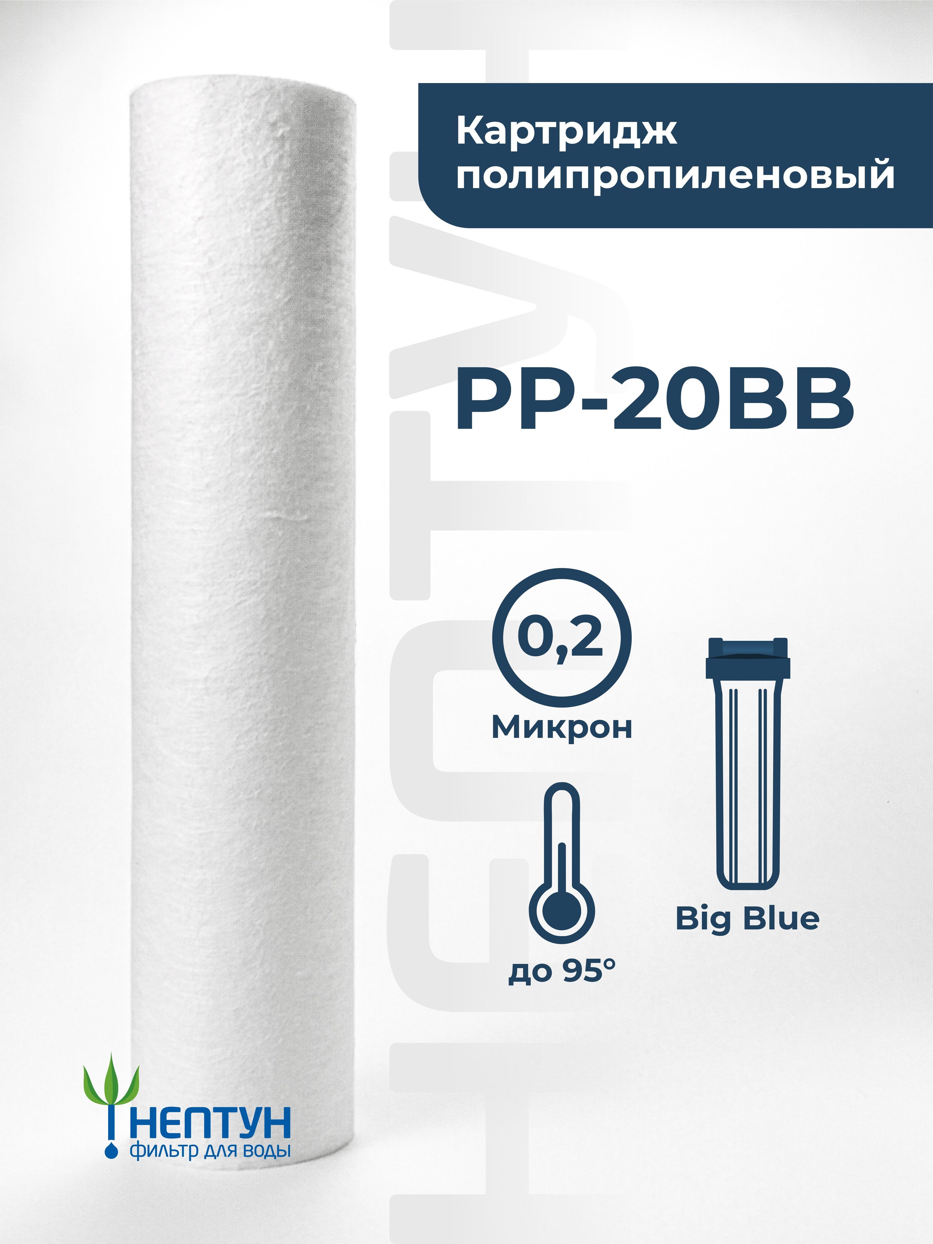 Картридж полипропиленовый Нептун PP-20BB 0,2 мкм, фильтр для механической и грубой очистки холодной и горячей воды от ржавчины, грязи, песка