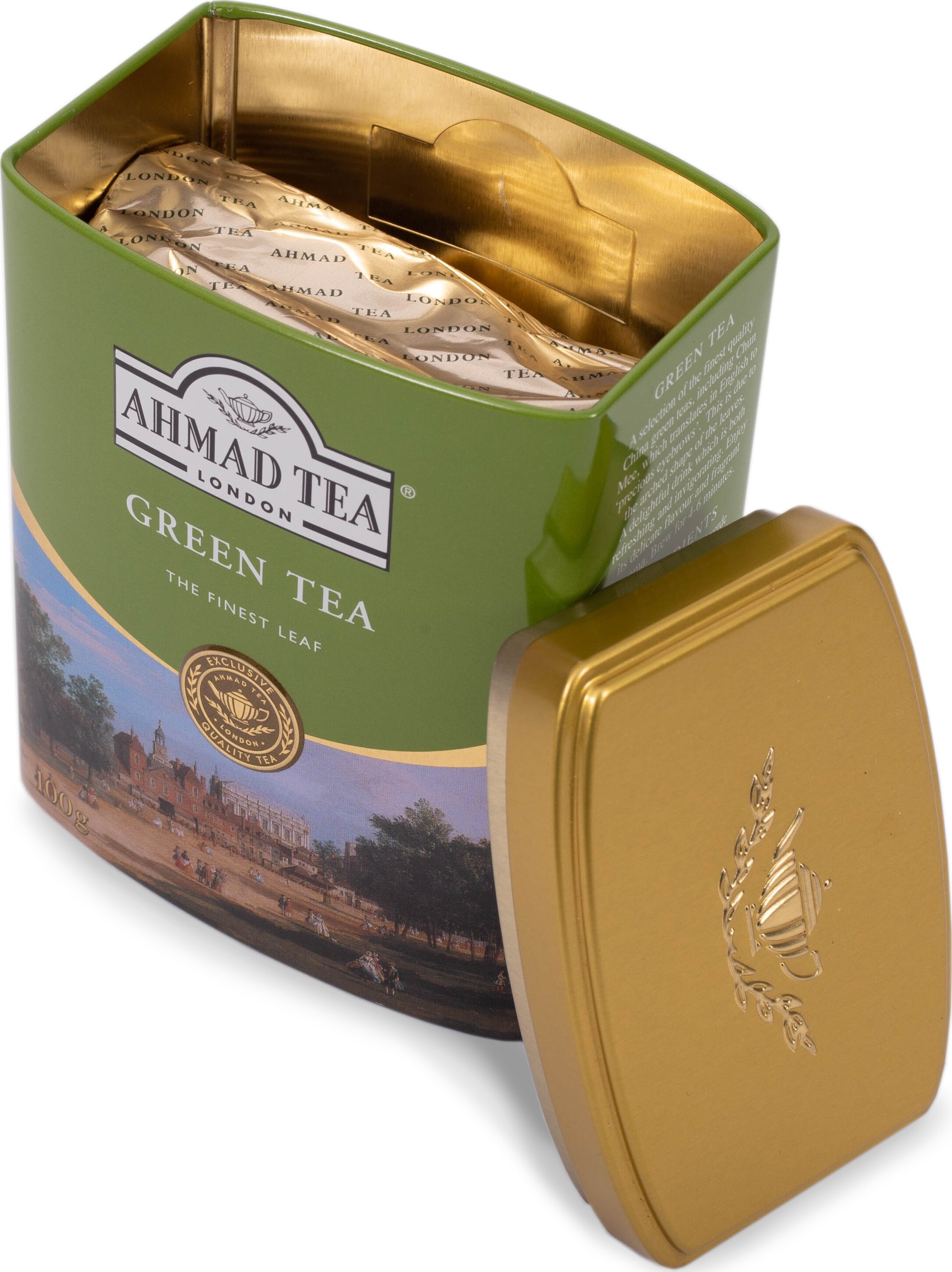 Чай зеленый ярче. Чай зеленый Ahmad Tea Green Tea 100г. Железная банка для чая. Чай Ахмад в железной банке. Ahmad Green 100г.