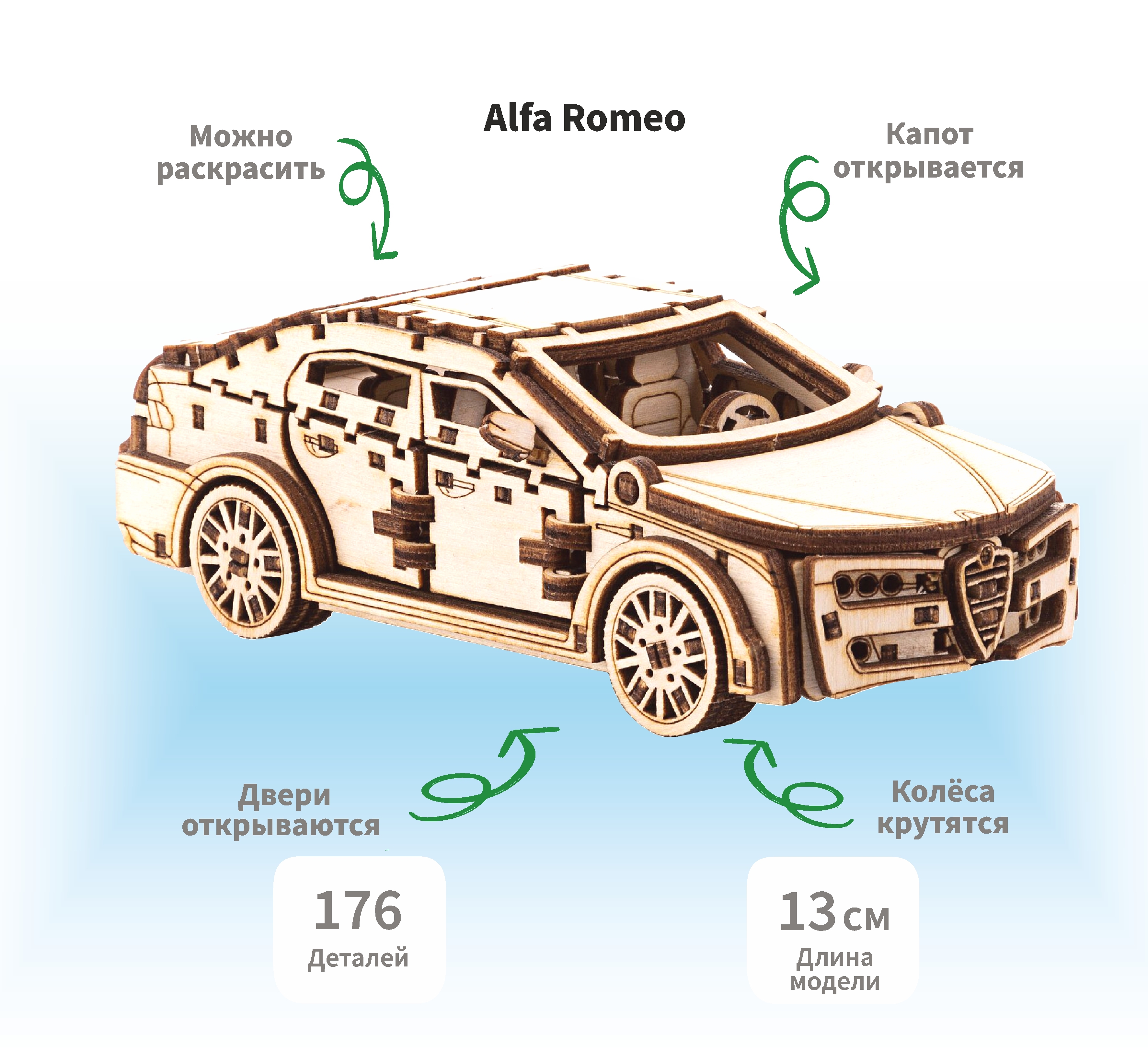 Деревянный конструктор сборная модель 3D машина Alfa Romeo, 13х6.5х5 см, 176 дет.