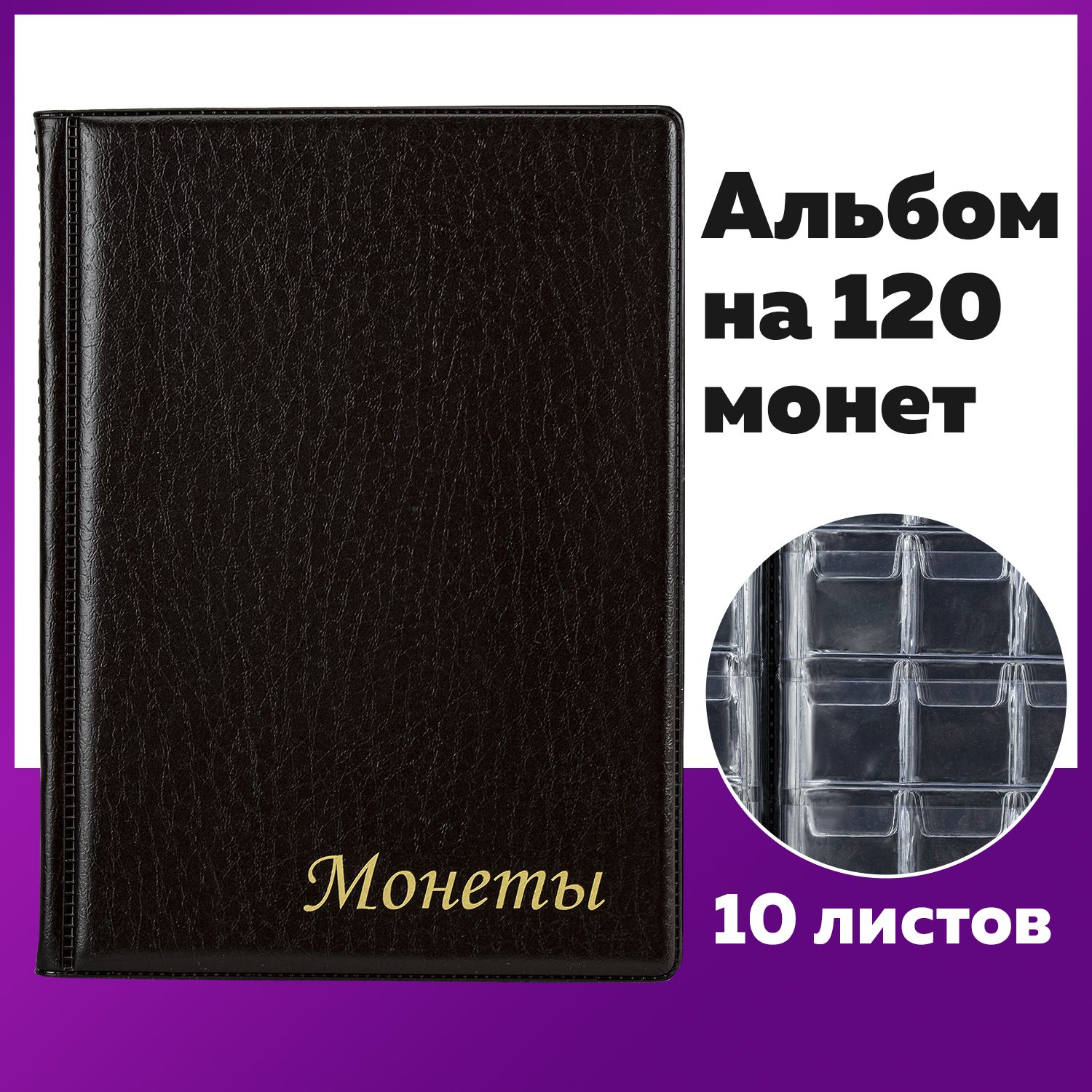 Альбом для коллекционирования монет нумизматика для 120 монет, 125х175 мм, коричневый, ПВХ, Staff