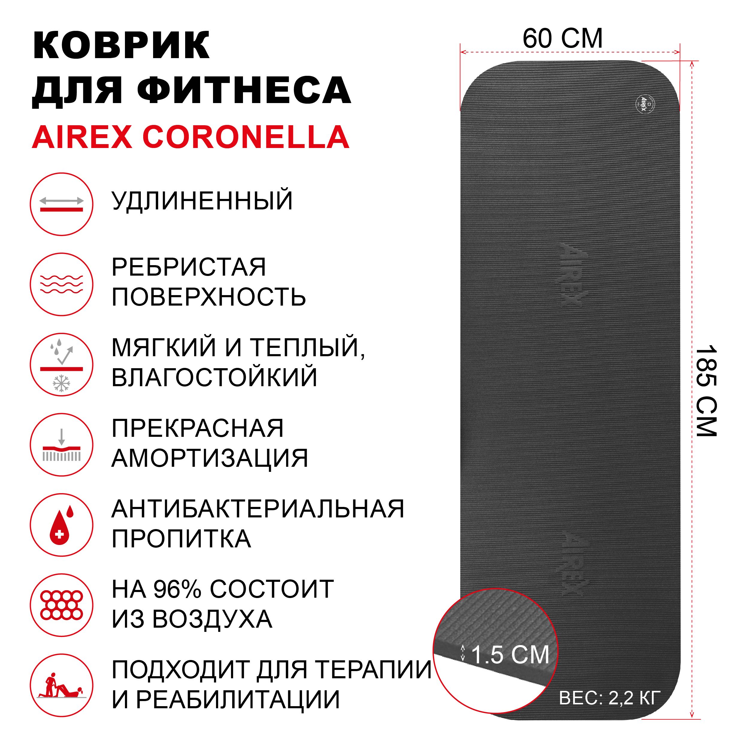 Коврик для фитнеса AIREX Coronella, 185х60х1,5 см., цвет темно-серый -  купить в интернет-магазине OZON с быстрой доставкой (479666859)