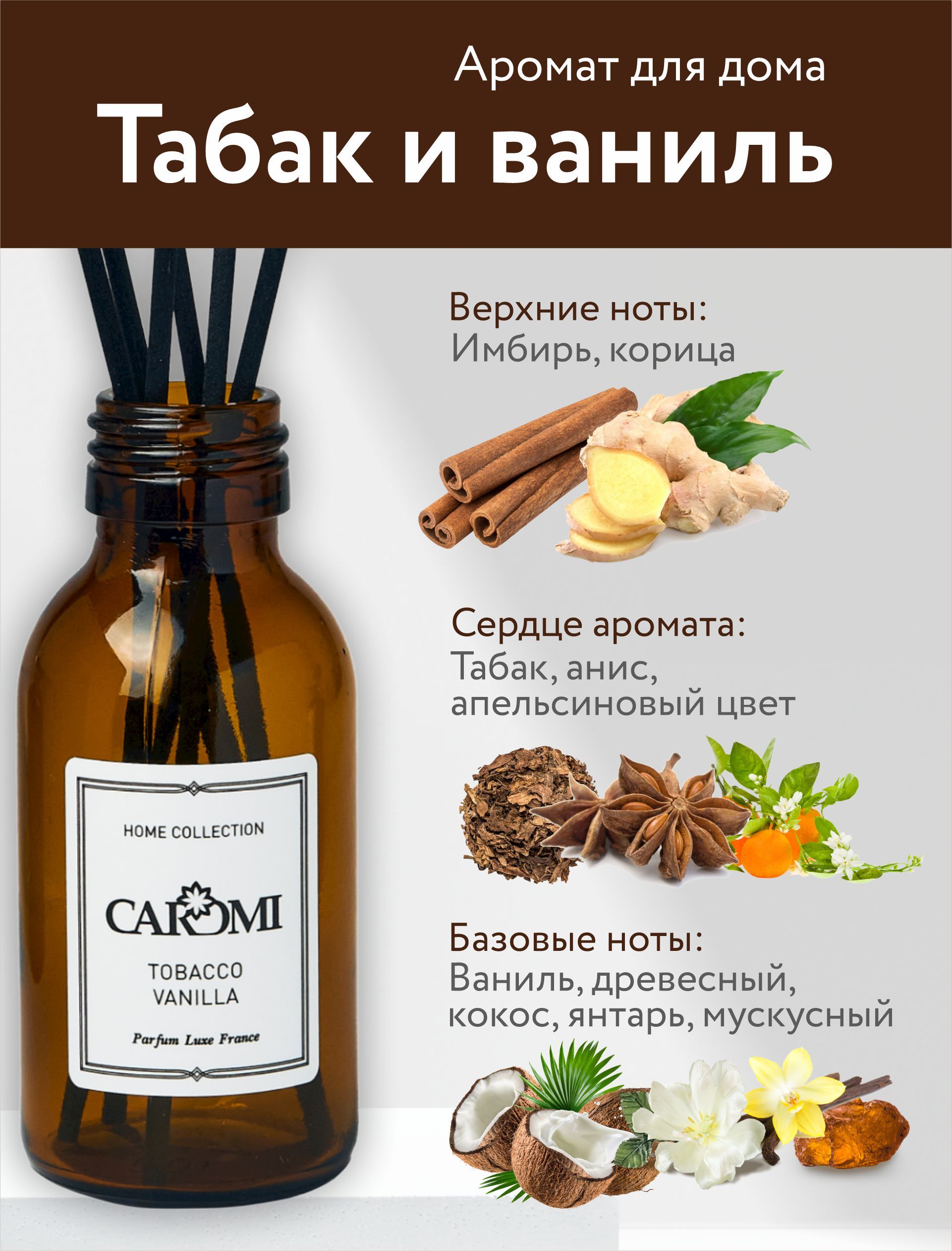 Ароматизатор для дома с палочками ароматический диффузор CAROMI Tobacco  Vanilla Кароми Табак Ваниль 100мл