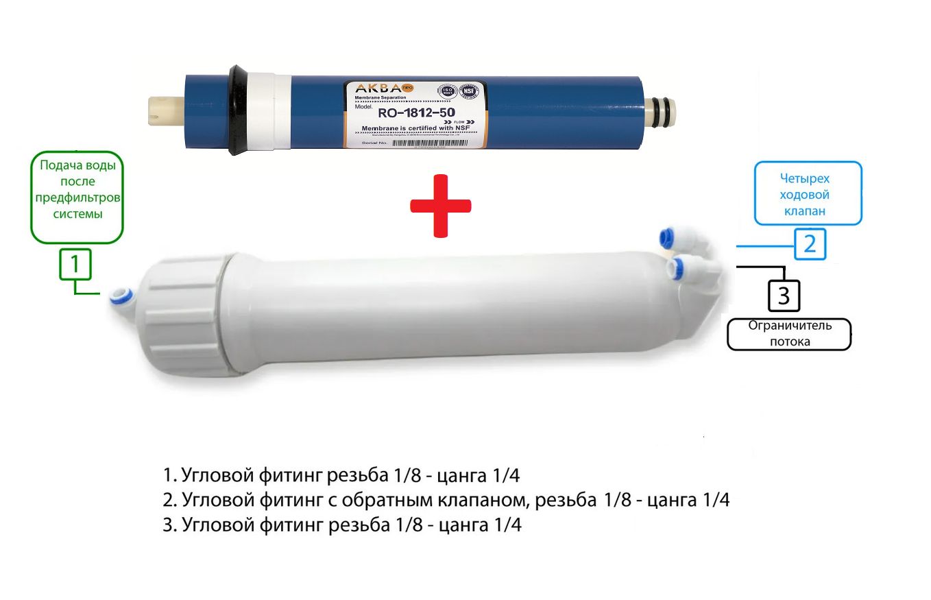 Корпус мембраны для обратного осмоса 1812 2012 с фитингами и мембраной AQUA RO-1812-50