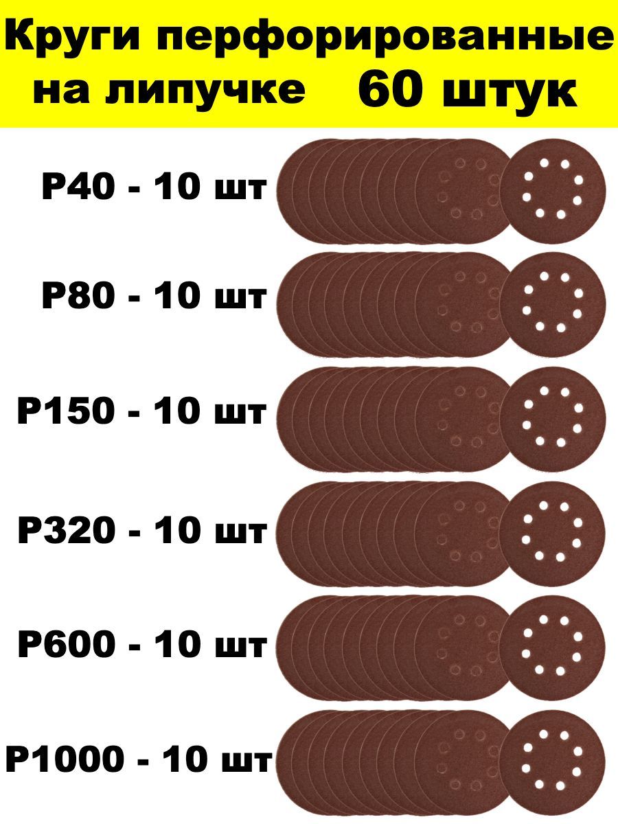 Круг перфорированный 125 мм 60 штук Р40, Р80, Р150, Р320, Р600, Р1000. Набор из 6 зернистостей