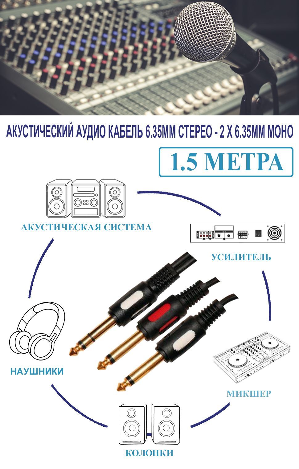 АудиокабельJACK6.3мм(стерео)-JACK2х6.3мм(моно)6.3мм-2х6.3мм1.5метра