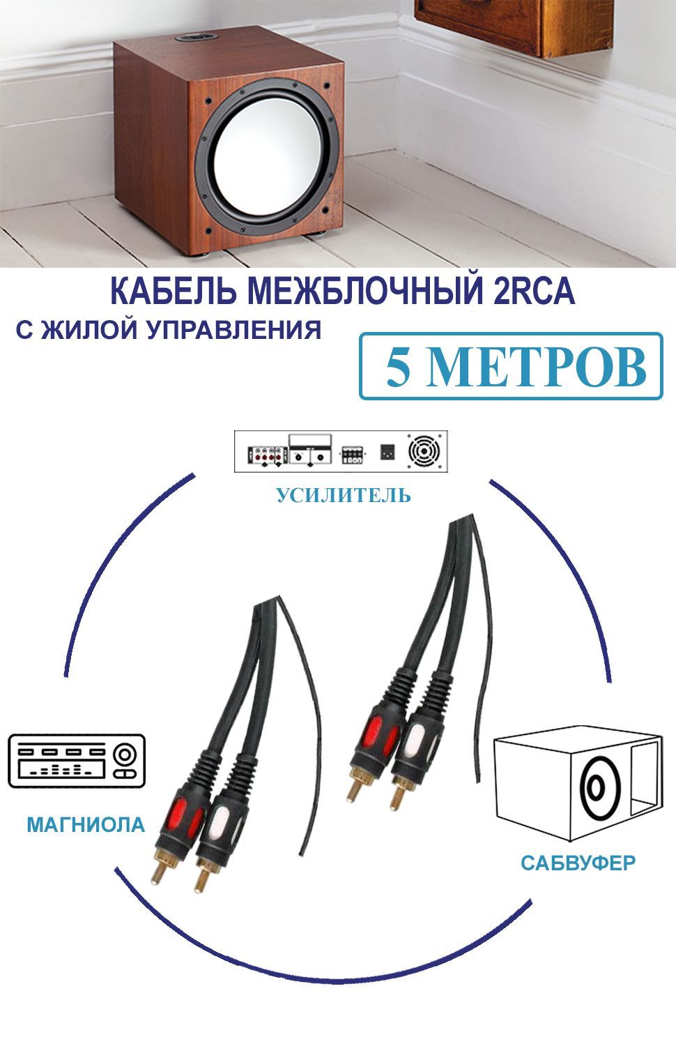 Межблочный кабель 2RCA 5 м для авто, провода тюльпаны для сабвуфера и усилителя