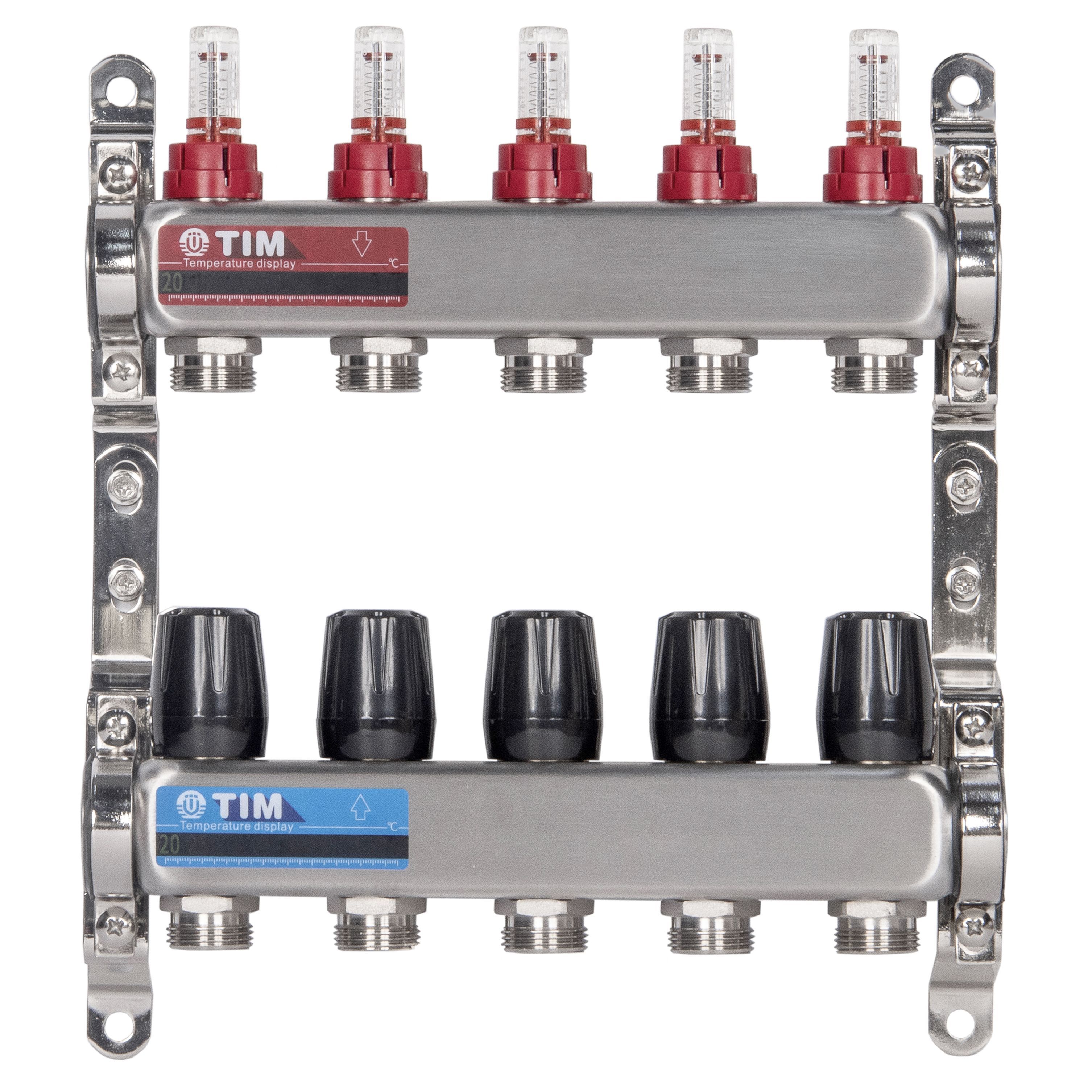 Коллекторная группа 5 контуров с расходомерами 1" * 3/4" E, нерж. сталь, TIM, KDS5005