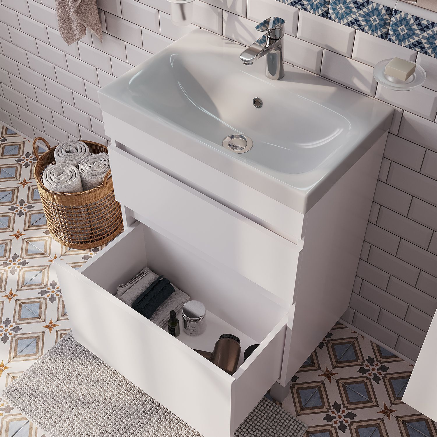 Фото товара на маркетплейсе ozon Тумба для ванной с раковиной, напольная, с ящиками, белая, 60 см, IDDIS, Zodiac, ZOD6CBFi95K