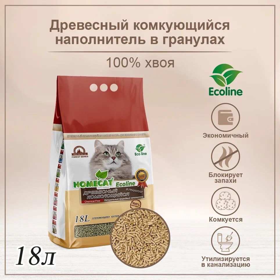 HOMECAT Ecoline 18 л древесный комкующийся наполнитель в гранулах для кошачьих туалетов