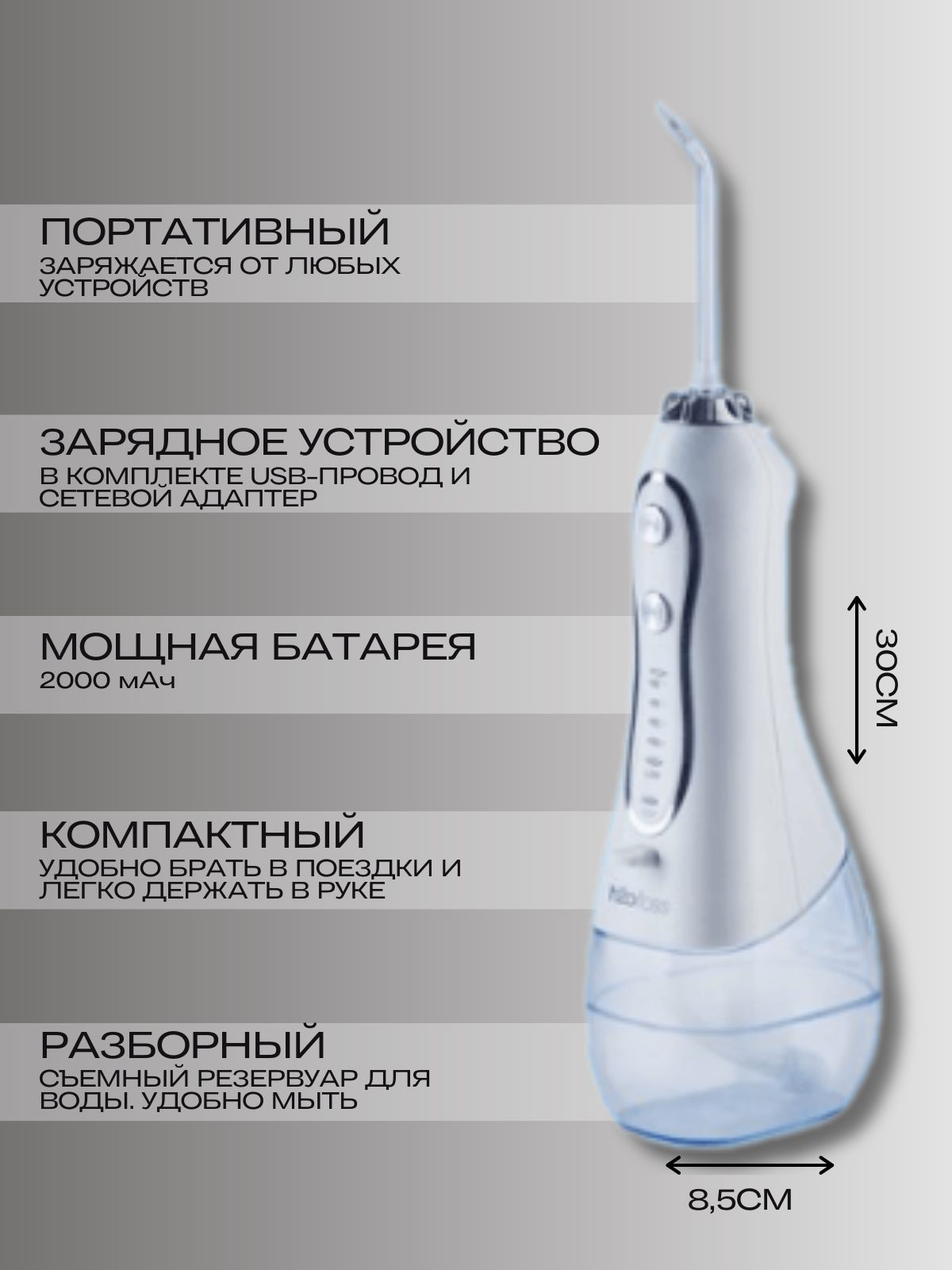 Портативный ирригатор (иригатор) H2OFLOSS для полости рта и чистки зубов, языка, брекетов со сменными насадками, 5 режимов, 5 насадок, емкость 300 мл