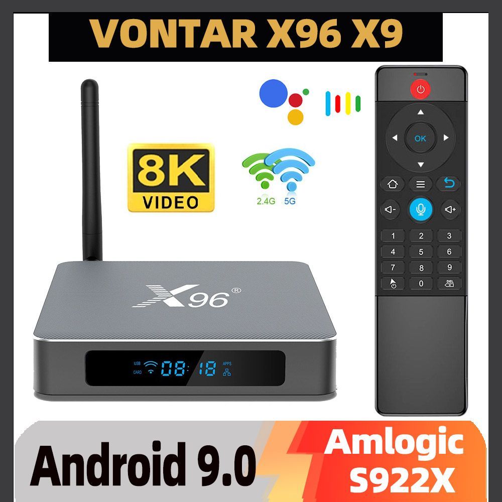 VontarМедиаплеерСмартТВприставкаX96X9AmlogicS922XAndroid9.08KUSB3.0Android,4ГБ/32ГБ,Bluetooth,Wi-Fi,серебристый