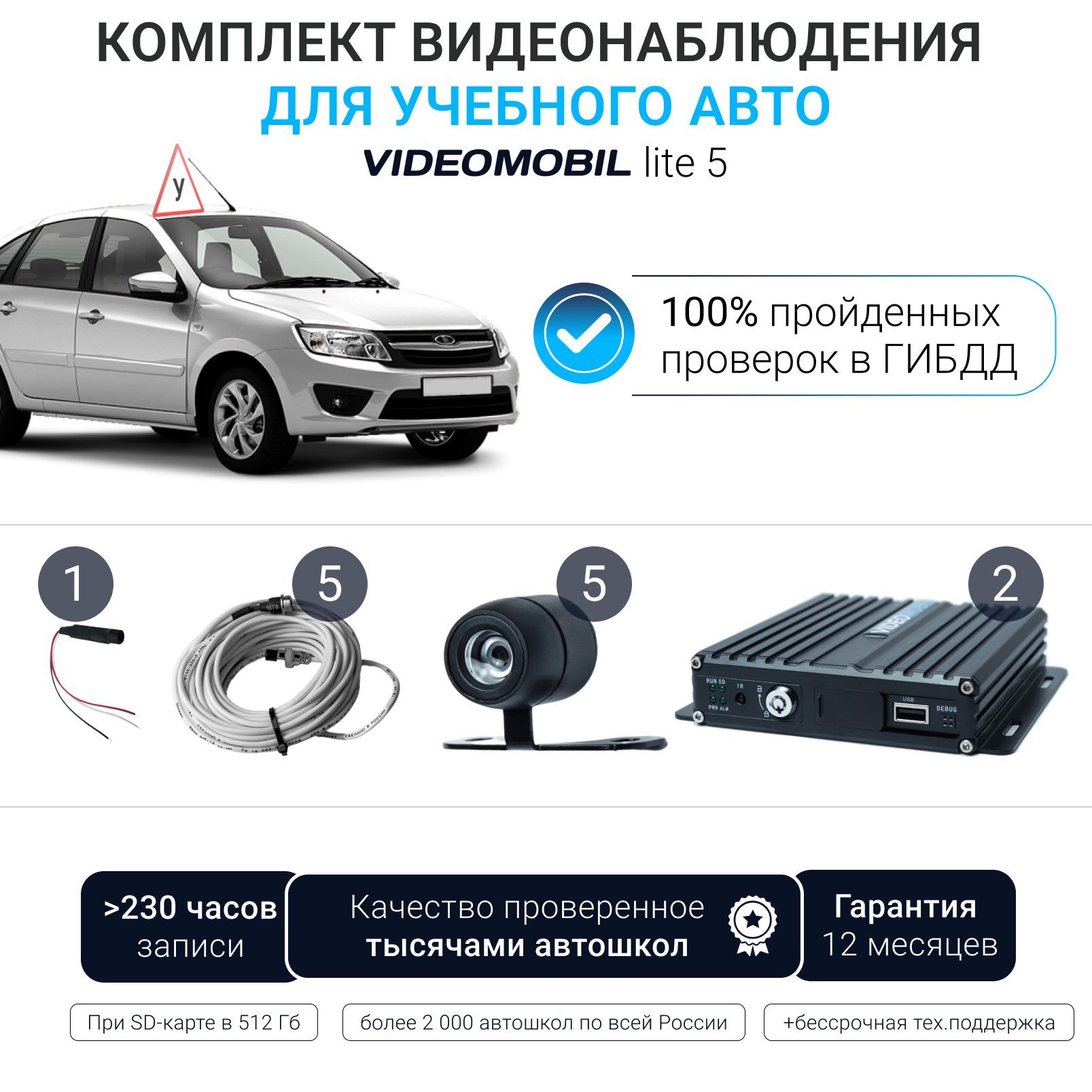 КомплектвидеонаблюдениядляучебногоавтомобиляавтошколыVM-Lite(5камер,2видеорегистратора,микрофон,кабелиподключения5шт5м)