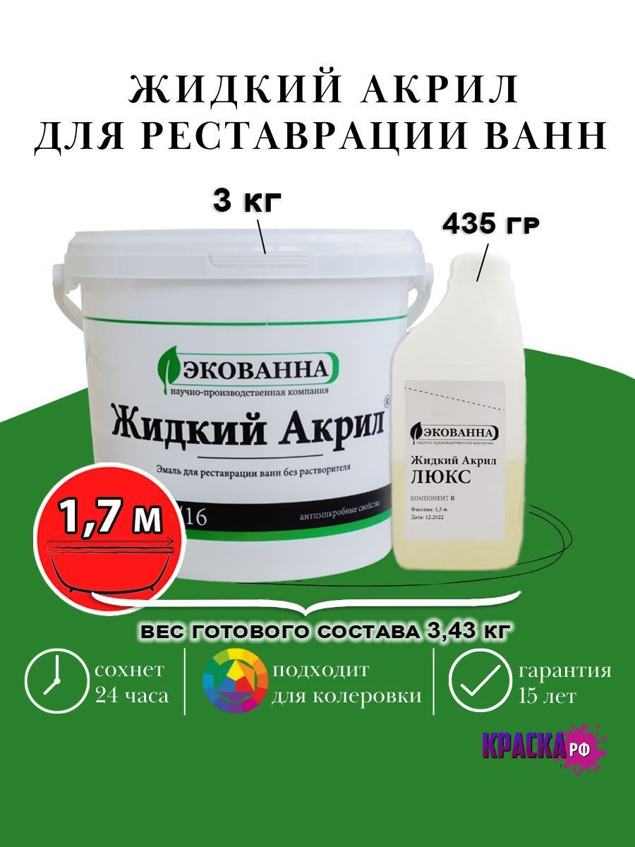 Жидкий наливной акрил Экованна Люкс 24 часа для реставрации ванны длиной  170 см, краска для ванны