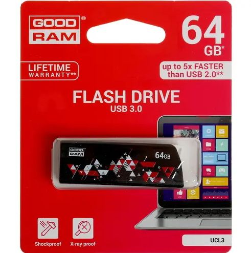 ПамятьUSBFlash64ГБGoodramUCL3(UCL3-0640K0R11)-USB3.2Gen1,до60Мбайт/сек,выдвижной(слайдер),пластик