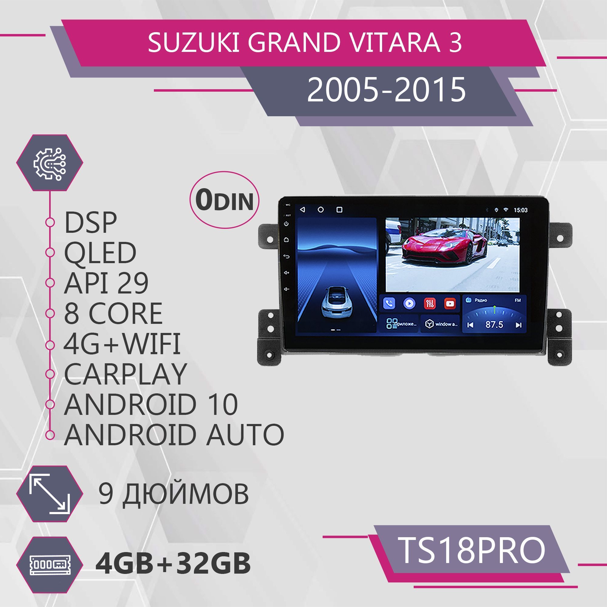 ШтатнаяавтомагнитолаTS18Pro/4+32GB/SuzukiGrandVitara3/СузукиГрандВитара3магнитолаAndroid102dinголовноеустройствомультимедиа