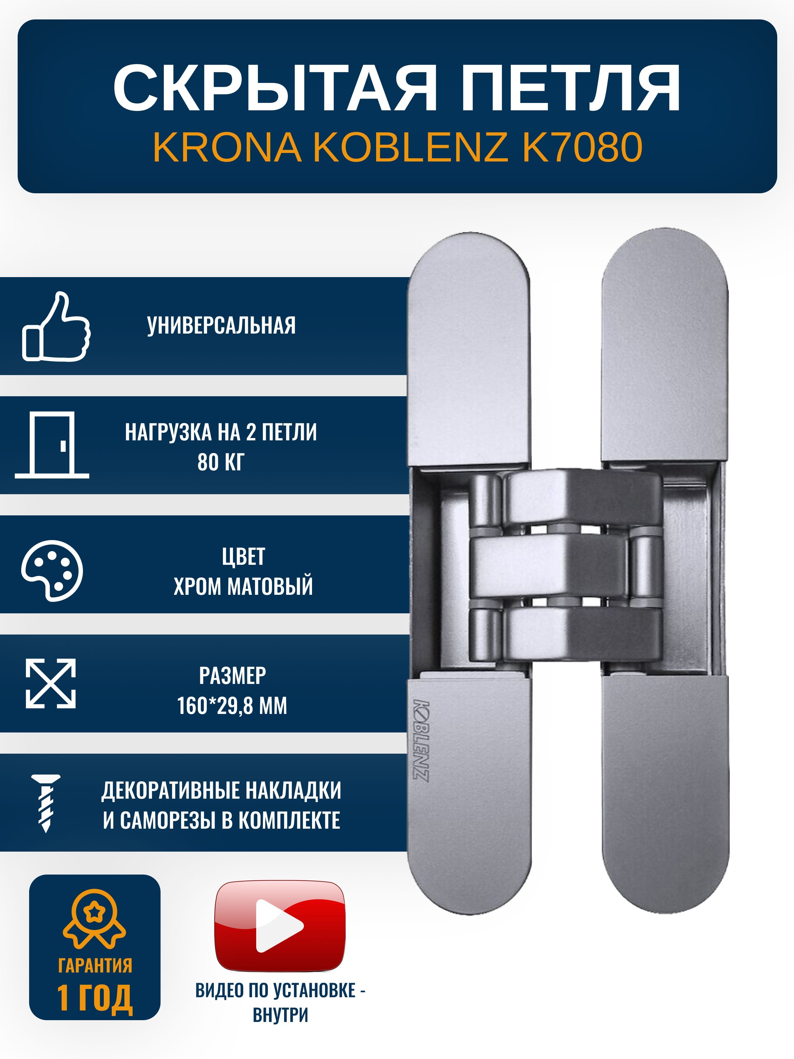 Петли дверные скрытые KRONA KOBLENZ K7080 CS, 1 шт., нагрузка на петли 80 кг, цвет хром матовый