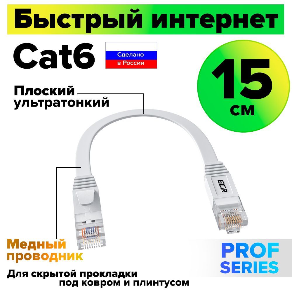 Короткийпатч-кордплоский15смGCRPROFкабельдляинтернетаКАТ.6ethernethighspeed10Гбит/сбелый