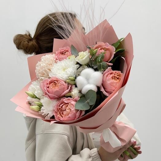 Boom Bouquet Хлопок, Эвкалипт, Кустовые хризантемы, Эустома, Диантус, цвет розовый, белый,  7 шт