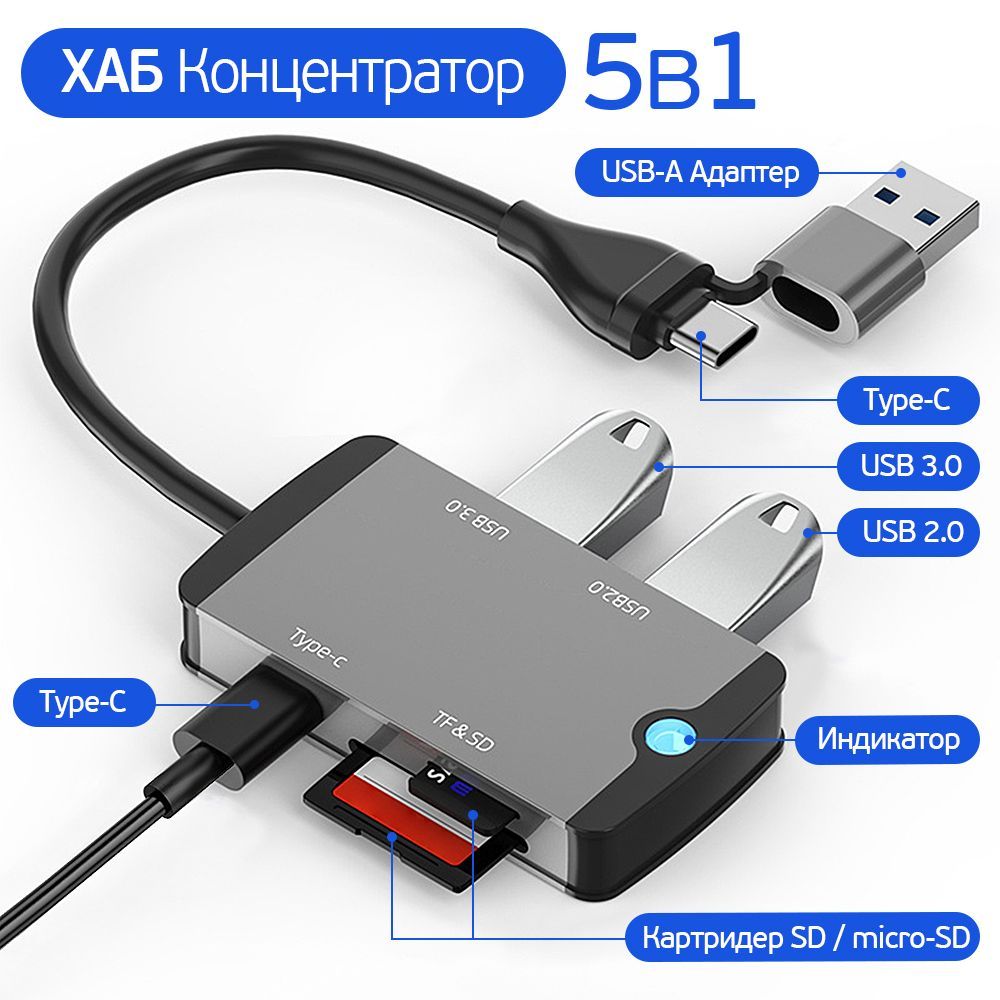 МультифункциональныйХабконцентратор5в1+Картридер,USB-AиType-Синтерфейс2в1,JY308-805,серыйметаллик